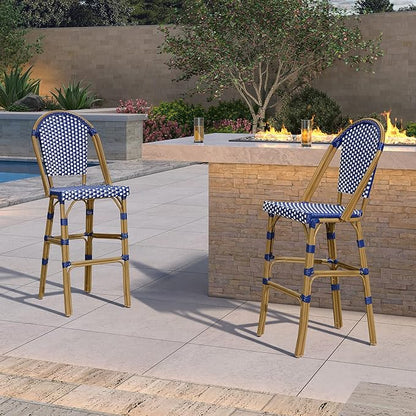 PURPLE LEAF French Bar Stool Set of 4 Bamboo Print Finish Patio Bar Stools with Back Rattan Bar Chairs Wicker Bar Height Stool 30" with Footrest Kitchen Island Stools Outdoor Barstool Royal Blue