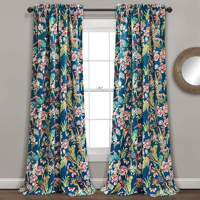 Lush Decor Dolores Light Filtering Window Panels, Pair, 52" W x 108" L, Navy & Multi - Floral Curtains for Bedroom - Vintage Curtains - Coquette Room Decor