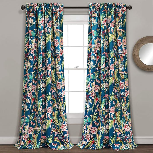 Lush Decor Dolores Light Filtering Window Panels, Pair, 52" W x 108" L, Navy & Multi - Floral Curtains for Bedroom - Vintage Curtains - Coquette Room Decor