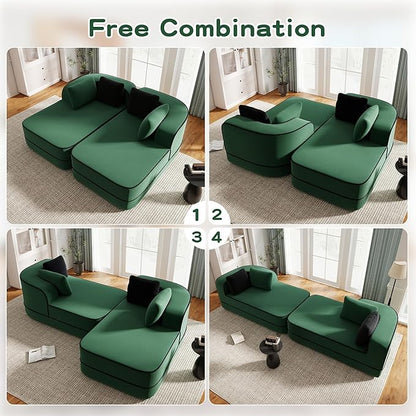 Cloud Sectional Sofa Modern Boneless Couch for Living Room, Comfy Deep Seat Comfy Teddy Fabric Double Sofa Chaise No Assembly Required (Green, 77.2" Double Chaise Lounge)