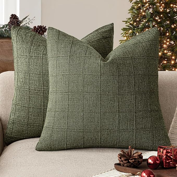 Foindtower Set of 2 Decorative Linen Check Throw Pillow Covers Neutral Farmhouse Vintage Cushion Covers Modern Boho Home Decor for Sofa Chair Couch Bedroom Living Room,26×26 Inch,Olive Green
