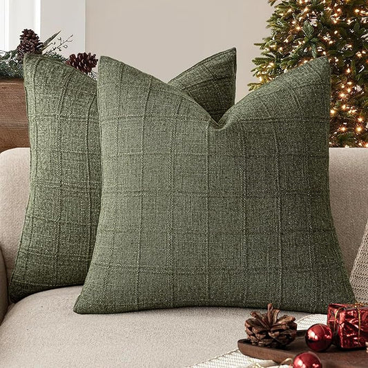 Foindtower Set of 2 Decorative Linen Check Throw Pillow Covers Neutral Farmhouse Vintage Cushion Covers Modern Boho Home Decor for Sofa Chair Couch Bedroom Living Room,20×20 Inch,Olive Green