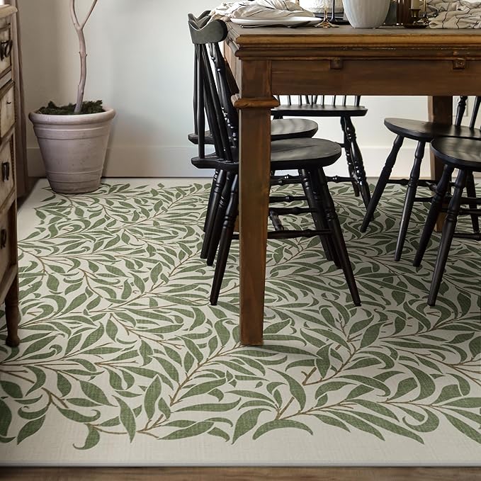 RUGGABLE x Morris & Co Washable Area Rug– Pure Willow Boughs Green 9x12, Stain-Resistant, Non-Slip – Large Machine Washable Rugs for Living Room, Bedroom, Hallway, Entryway & Office–with Standard Pad