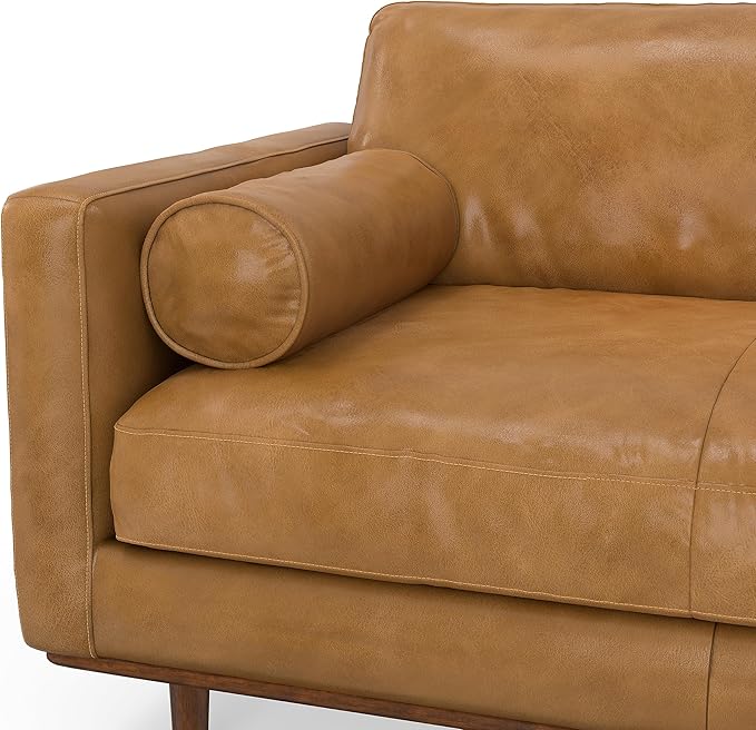 SIMPLIHOME Morrison 89-inch Wide Sofa in Sienna Top Grain Genuine Leather, Mid-Century Modern Design Couch for Living Room, Single Bench Cushion, 2 Back Cushions, 2 Bolster Pillows