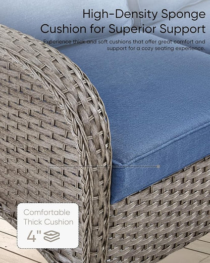 HUMMUH 2-Person Outdoor Glider Bench-All-Weather Wicker Patio Double Swing Rocking Chair Patio Loveseat for Deck Lawn Porch Balcony Poolside-Grey/Blue