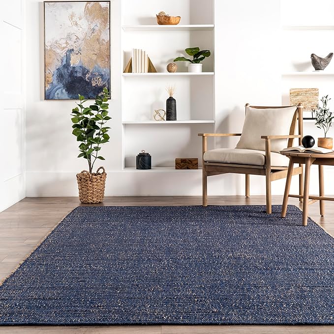 nuLOOM 4x6 Elfriede Jute & Cotton Hand Woven Area Rug, Blue, Solid Rustic Farmhouse Style, Weaved Design, Natural Fiber, For Bedroom, Living Room, Dining Room, Hallway, Office, Entryway