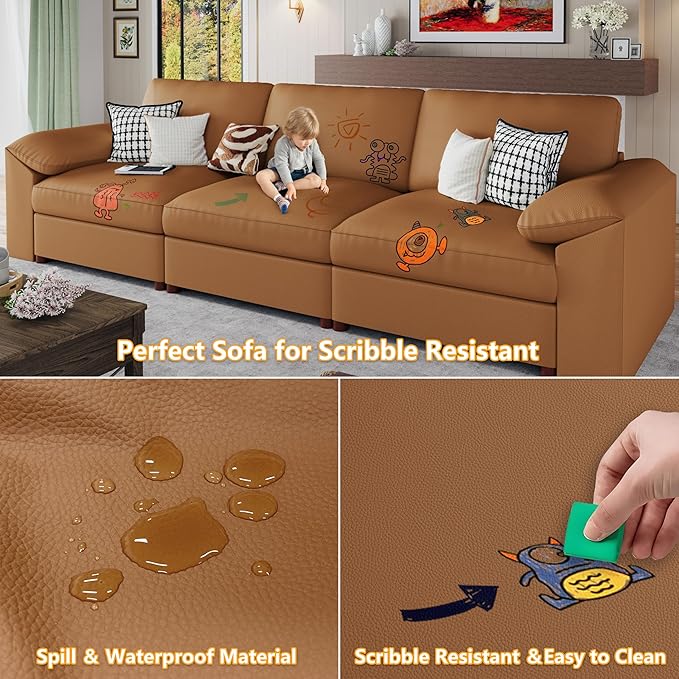 EASE MOOSE Faux Leather Sectional with Ottoman, Oversized Modular Couch, Modular Sectional Sofa with Deep Seat, Scratch Resistant Faux Leather Material, U Shaped Couch for Big Spaces, Brown