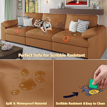EASE MOOSE Oversized Modular Sectional Sofa,Modern Deep Seat Faux Leather Sectional,Extra Large L Shaped Couch,Comfy Scratch Resistant Material,Brown
