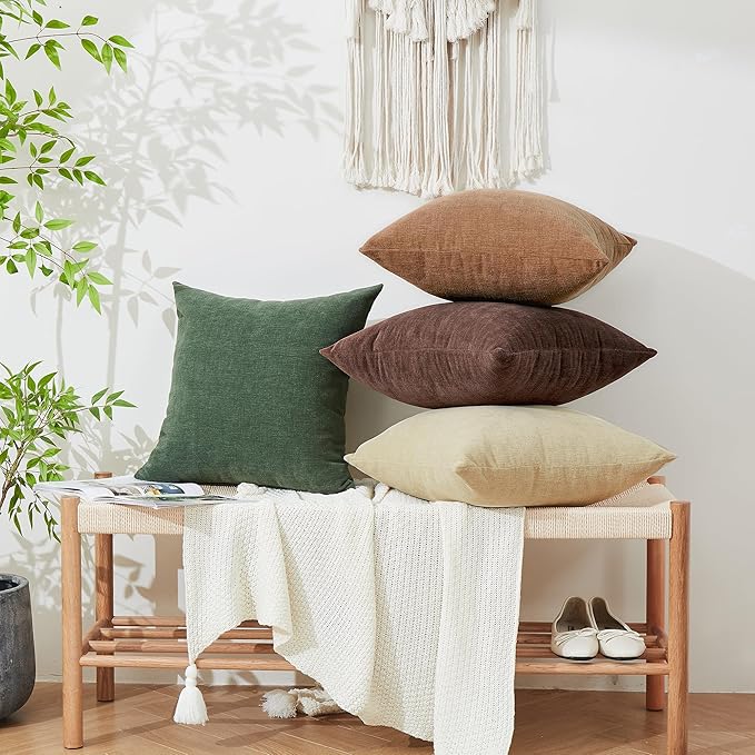 GAWAMAY Decorative Square Throw Pillow Covers 18x18 Inch Set of 4, Super Soft Chenille Pillows Cover Fall Pillowcase for Living Room Bedroom Sofa Couch Cushion Cover Brown 45x45cm (No Inserts)