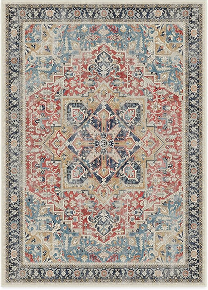 RUGGABLE Washable Vintage Area Rug – Kamran Cayenne Red 10x14, Stain-Resistant, Non-Slip – Large Machine Washable Rugs for Living Room, Bedroom, Hallway, Entryway & Office–with Cushioned Pad
