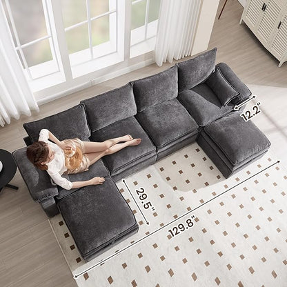 130" U Shaped Modular Sectional Sofa, Couch with Ottoman Storage, Chenille Cloud Couch with Plush Deep Seating for Living Room, Bedroom (8 Seat, Grey)