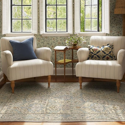 RUGGABLE x Morris & Co Washable Area Rug – Montreal Natural Blue 6x9, Stain-Resistant, Non-Slip – Medium Machine Washable Rugs for Living Room, Bedroom, Hallway, Entryway & Office–with Standard Pad