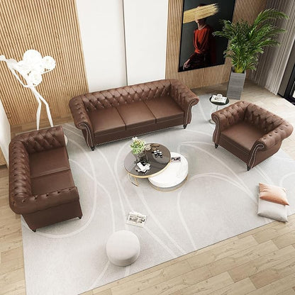 2 Piece Living Room Sofa Set, 3 Seater Faux Leather Sofa Couch and Chair Set, Mid Century Modern Upholstered Couch with Cushions, Vintage Comfy Tufted Chesterfield Couches for Bedroom, Office (Brown)