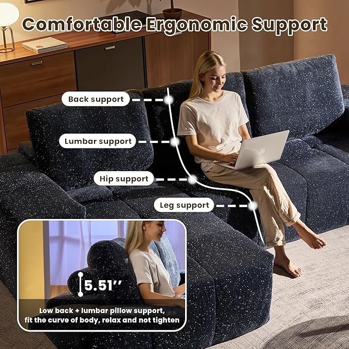 114" Glitter Cloud Sectional Couch with L-Shape Chaise, Modern Boneless Couches for Living Room, Fluffy Tufted Deep Seat Modular Sofa in a Box No Assembly