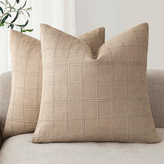 Foindtower Set of 2 Decorative Linen Check Throw Pillow Covers Neutral Farmhouse Vintage Cushion Covers Modern Coastal Boho Home Decor for Sofa Chair Couch Bedroom Living Room,22×22 Inch,Camel