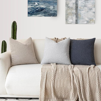 Foindtower Set of 2, Decorative Textured Boucle Throw Pillow Covers Accent Solid Pillow Cases Neutral Soft Cozy Couch Cushion Case for Chair Sofa Bedroom Living Room Home Decor 16 x 16 Inch Light Grey