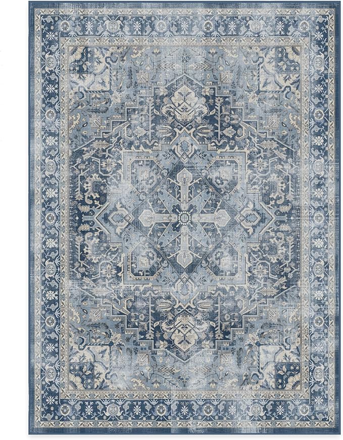 RUGGABLE Washable Vintage Area Rug – Kamran Admiral Blue 5x7, Stain-Resistant, Non-Slip – Medium Machine Washable Rugs for Living Room, Bedroom, Hallway, Entryway & Office–with Standard Pad