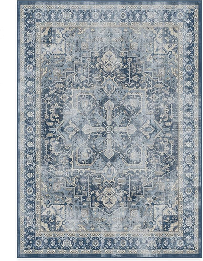 RUGGABLE Washable Vintage Area Rug – Kamran Admiral Blue 5x7, Stain-Resistant, Non-Slip – Medium Machine Washable Rugs for Living Room, Bedroom, Hallway, Entryway & Office–with Standard Pad