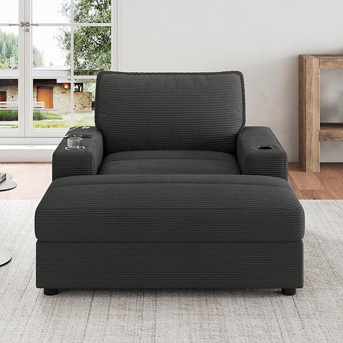Christopher Knight Home Zoe Oversized Chaise Lounge Chair Indoor with Cup Holders & USB Charging Port, Corduroy Upholstered Sofa Bed + Ottoman with Storage, Comfy Deep Seat Sleeper Sofa Chair, Grey