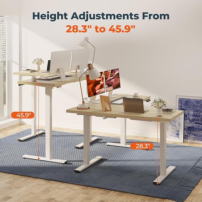 L-Shaped Standing Desk, 63 x 55 Inches Height Adjustable Desk with Storage, Sit and Stand up for Work Office Home, Ergonomic Rising Computer Table for Home Office with Splice Board, Maple