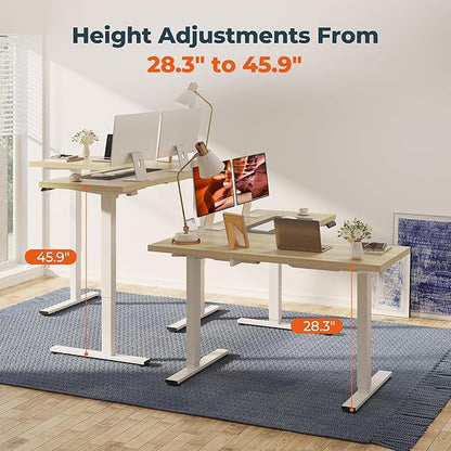 L-Shaped Standing Desk, 63 x 55 Inches Height Adjustable Desk with Storage, Sit and Stand up for Work Office Home, Ergonomic Rising Computer Table for Home Office with Splice Board, Maple
