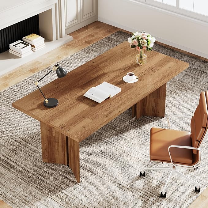 Tribesigns 63-inch Executive Desk, Vintage Home Office Computer Desk with Large Tabletop, Farmhouse Wood Writing Conference Table Workstation for Office, Study, Walnut Brown