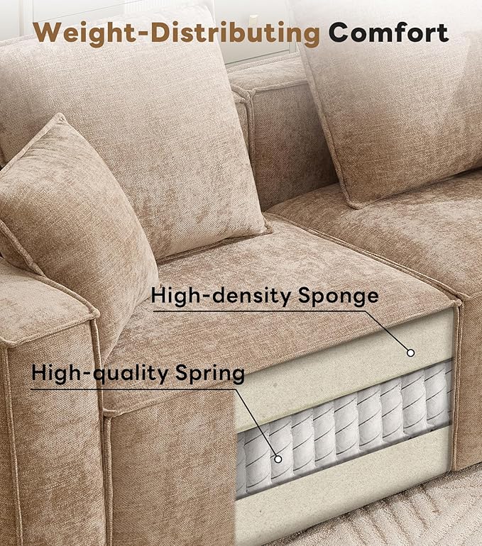 WILLOVE 47'' Single Sofa with Ottoman, Chenille Cloud Couch with Wide Armrests & 3 Pillows, Deep Seat Couches for Living Room, Khaki