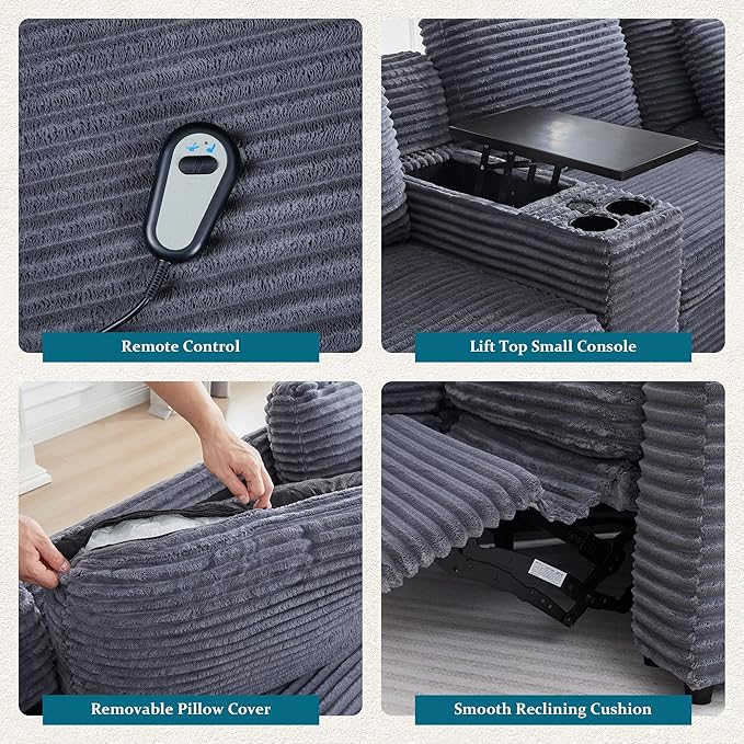 Power Reclining Sectional Sofa, Electric Loveseat Recliner with Storage Console and USB Ports, Plush Corduroy Fluffy Reclining Loveseat Couch Adjustable Headrest, 2 Seat Sofa for Living Room-Blue Grey