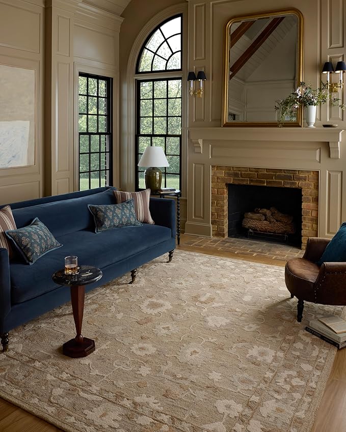 Loloi Chris Loves Julia Dorothea Collection DRT-02 Khaki/Dove 5'-0" x 7'-6" Area Rug Wool Neutral Floral Living Room Bedroom Carpet
