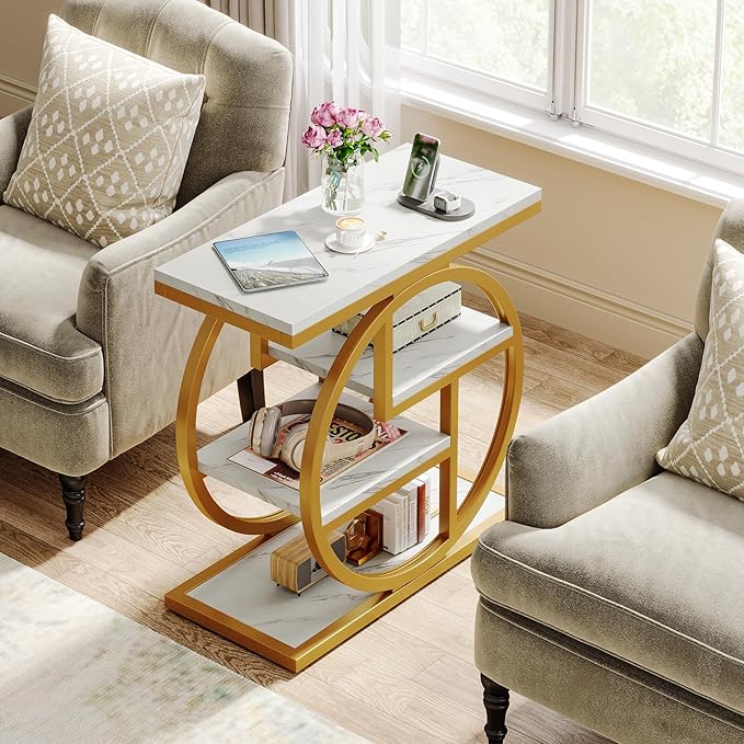 Tribesigns End Table Set of 2, Narrow Faux Marble Side Table with Storage Shelves, 4-Tier Modern Skinny Sofa Side Table with Geometric Metal Frame for Bedroom, Living Room, White & Gold