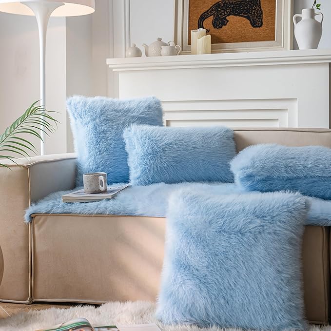 Neelvin Blue Faux Fur Cozy Fluffy Double-Sided Decorative Throw Pillow Covers 16x16 inch Set of 2,Velvet Pillowcase Cushion Case for Sofa Couch