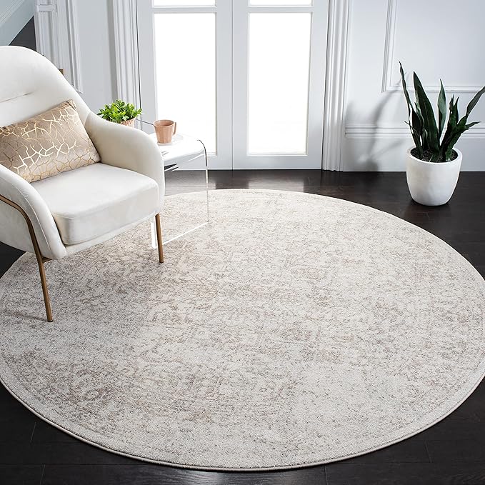 SAFAVIEH Evoke Collection Area Rug - 5'3" Round, Ivory & Taupe, Distressed Design, Non-Shedding & Easy to Clean, Ideal for Living Room, Bedroom, Dining Space (EVK256E)
