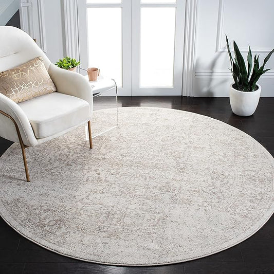 SAFAVIEH Evoke Collection Area Rug - 5'3" Round, Ivory & Taupe, Distressed Design, Non-Shedding & Easy to Clean, Ideal for Living Room, Bedroom, Dining Space (EVK256E)