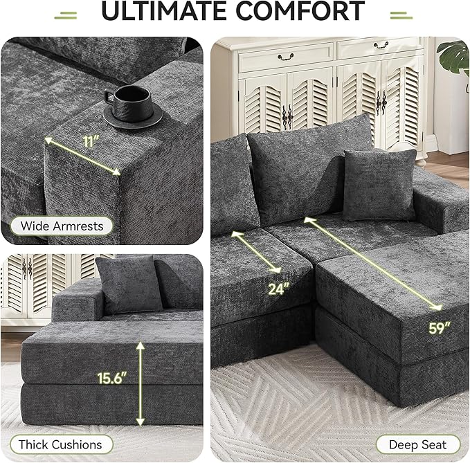 79" Boneless Cloud Loveseat Sofa Couch, Modular Foldable Floor Sofa with Ottoman, Chenille Lounge Convertible Sofa Bed for Living Room, No Assembly, Dark Grey