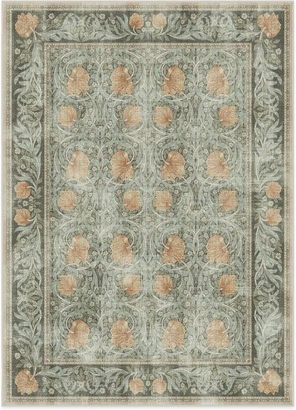 RUGGABLE x Morris & Co Washable Area Rug – Pimpernel Vintage Green 5x7, Stain-Resistant, Non-Slip – Medium Machine Washable Rugs for Living Room, Bedroom, Hallway, Entryway & Office–with Standard Pad