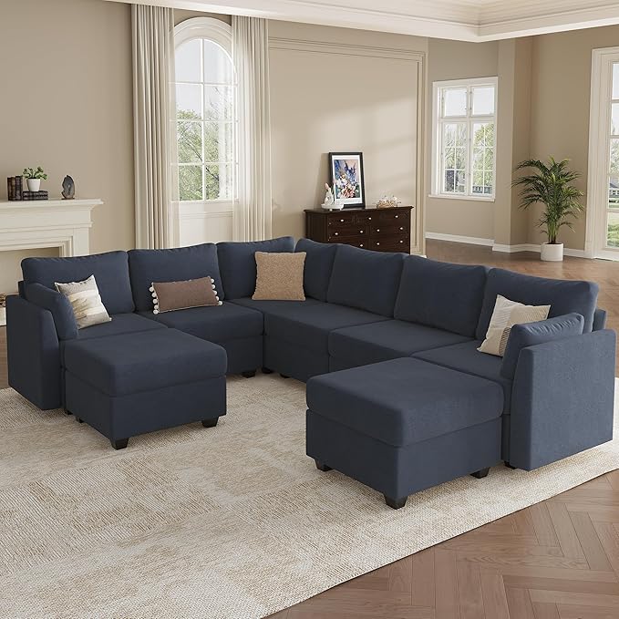 Modular Sectional Sofa Couches, Large Convertible Modular Couches With Storage, 8-Seater Sectional Sofa For Living Room, U Shaped Sectional Couch Sleeper Sofa With Chaise (BlueGrey, 8 Seats)
