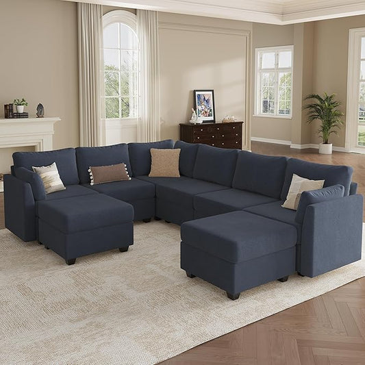 Modular Sectional Sofa Couches, Large Convertible Modular Couches With Storage, 8-Seater Sectional Sofa For Living Room, U Shaped Sectional Couch Sleeper Sofa With Chaise (BlueGrey, 8 Seats)