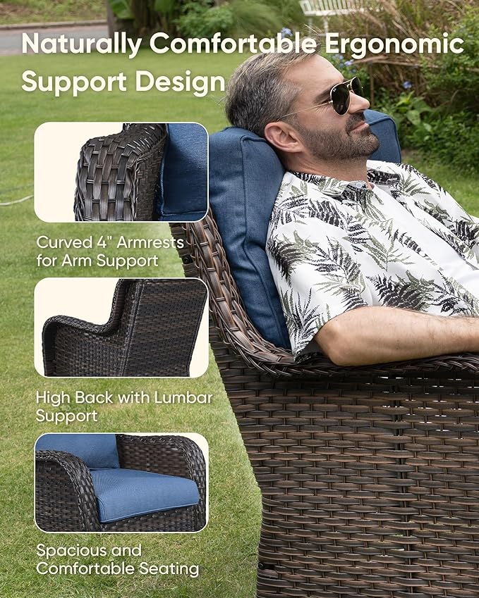 HUMMUH High Back Outdoor Swivel Rocker Patio Chairs Set of 2, with 5-Inch Thick Cushions and Side Table, Ideal for Porch,Poolside, Deck, and Yard