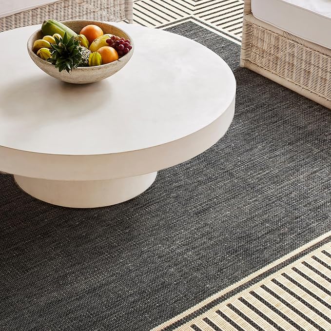 nuLOOM 2' x 6' Outdoor/Indoor Asha Area Rug, Asha Dark Grey, Casual Design with Striped Border, Stain Resistant, Highly Durable, for Patio, Balcony, Bedroom, Living Room, Dining Room, Bathroom