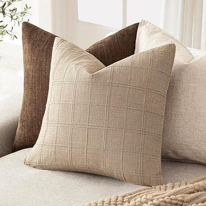 Foindtower Set of 2 Decorative Linen Check Throw Pillow Covers Neutral Farmhouse Vintage Cushion Covers Modern Coastal Boho Home Decor for Sofa Chair Couch Bedroom Living Room,18×18 Inch,Camel