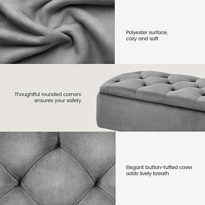 Yaheetech Ottoman with Storage, Velvet Entryway Bench with Safety Hinge, Upholstered Bench with Seating for Bedroom, Living Room, Holds up to 519 lb, Gray