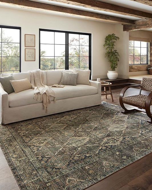 Loloi Magnolia Home by Joanna Gaines Banks Collection BAN-05 Spice/Blue 3'-6" x 5'-6" .13" Pile Height, Machine Washable, Accent Rug
