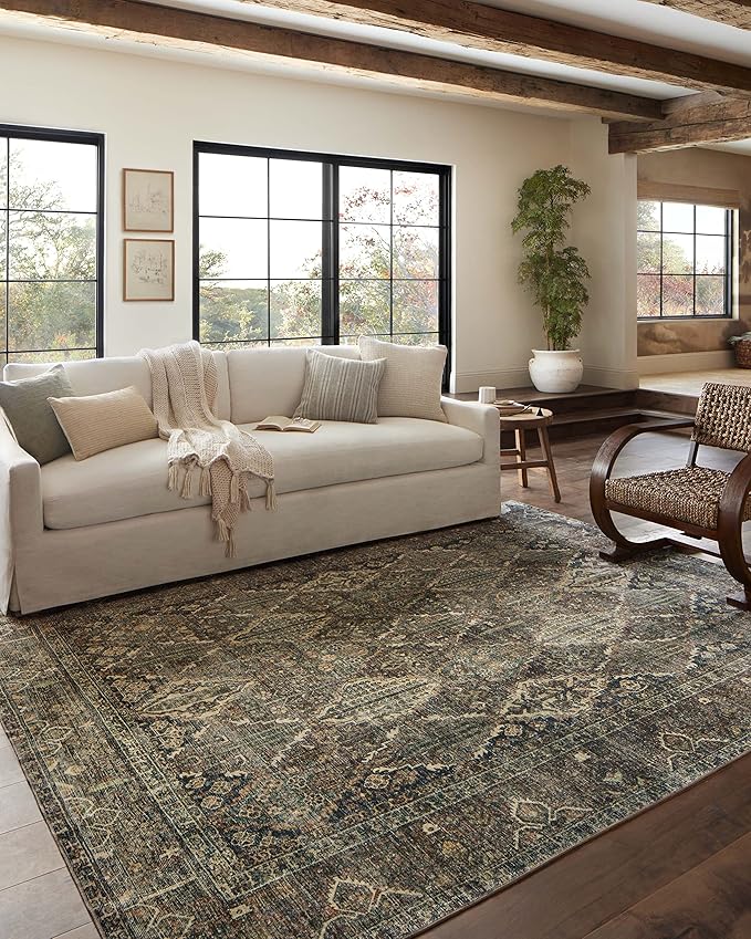 Loloi Magnolia Home by Joanna Gaines Banks Collection BAN-05 Spice/Blue 8'-6" x 11'-6", .13" Pile Height, Machine Washable, Area Rug