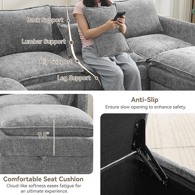 80" Cloud Modular 3 Seater Sofa with Storage, Modern Upholstered Storage Sofa Couch Deep Seat, Sectional Sofa Chenille Comfy Couch with Armrests for Living Room, Small Space, Light Grey
