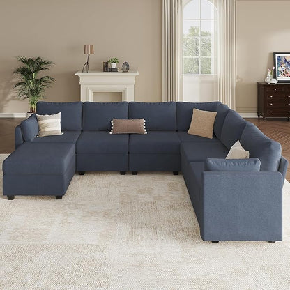 Modular Sectional Sofa Couches, Large Convertible Modular Couches With Storage, 7-Seater Sectional Sofa For Living Room, U Shaped Sectional Couch Sleeper Sofa With Chaise (BlueGrey, 7 Seats)