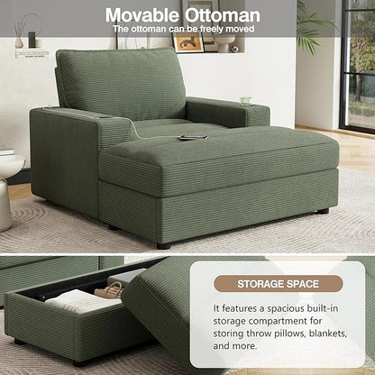 Christopher Knight Home Zoe Oversized Chaise Lounge Chair Indoor with Cup Holders & USB Charging Port, Corduroy Upholstered Sofa Bed + Ottoman with Storage, Comfy Deep Seat Sleeper Sofa Chair, Green
