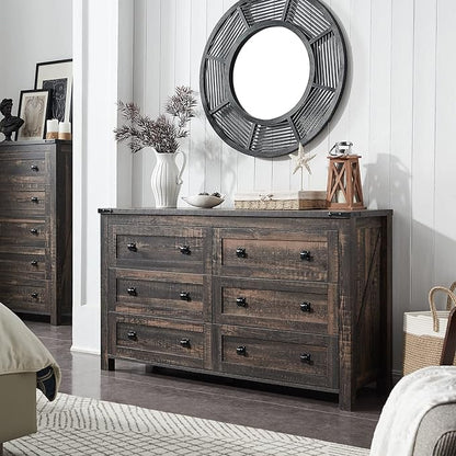 T4TREAM Farmhouse 6 Drawers Dresser for Bedroom, Wood Rustic Wide Chest of Drawers, Storage Dressers Organizer for Bedroom, Living Room, Hallway, Dark Rustic Oak