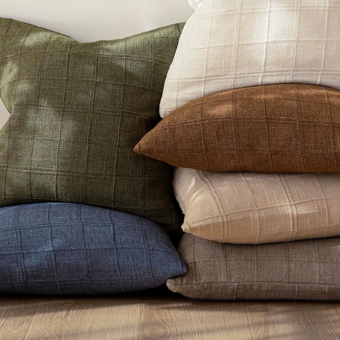 Foindtower Set of 2 Decorative Linen Check Throw Pillow Covers Neutral Farmhouse Lumbar Cushion Covers Modern Boho Home Decor for Sofa Chair Couch Bedroom Living Room,12×20 Inch,Tan Taupe