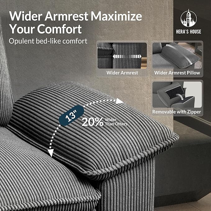 HERA'S HOUSE 88" Modular Sectional Sofa, Loveseat Couches for Living Room, Comfy Cloud Couch 2-Seater Deep Seat Sofa with Throw Pillow, Corduroy Grey
