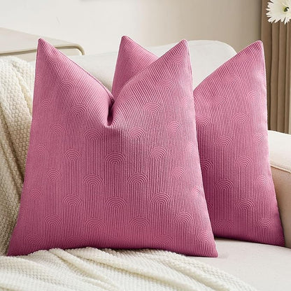 FUTEI Hot Pink Chenille Decorative Throw Pillow Covers 22x22 Inch Set of 2,Soft Cozy Striped Geometric Patterns Cushion Cases,Modern Home Decor for Couch Bed Living Room